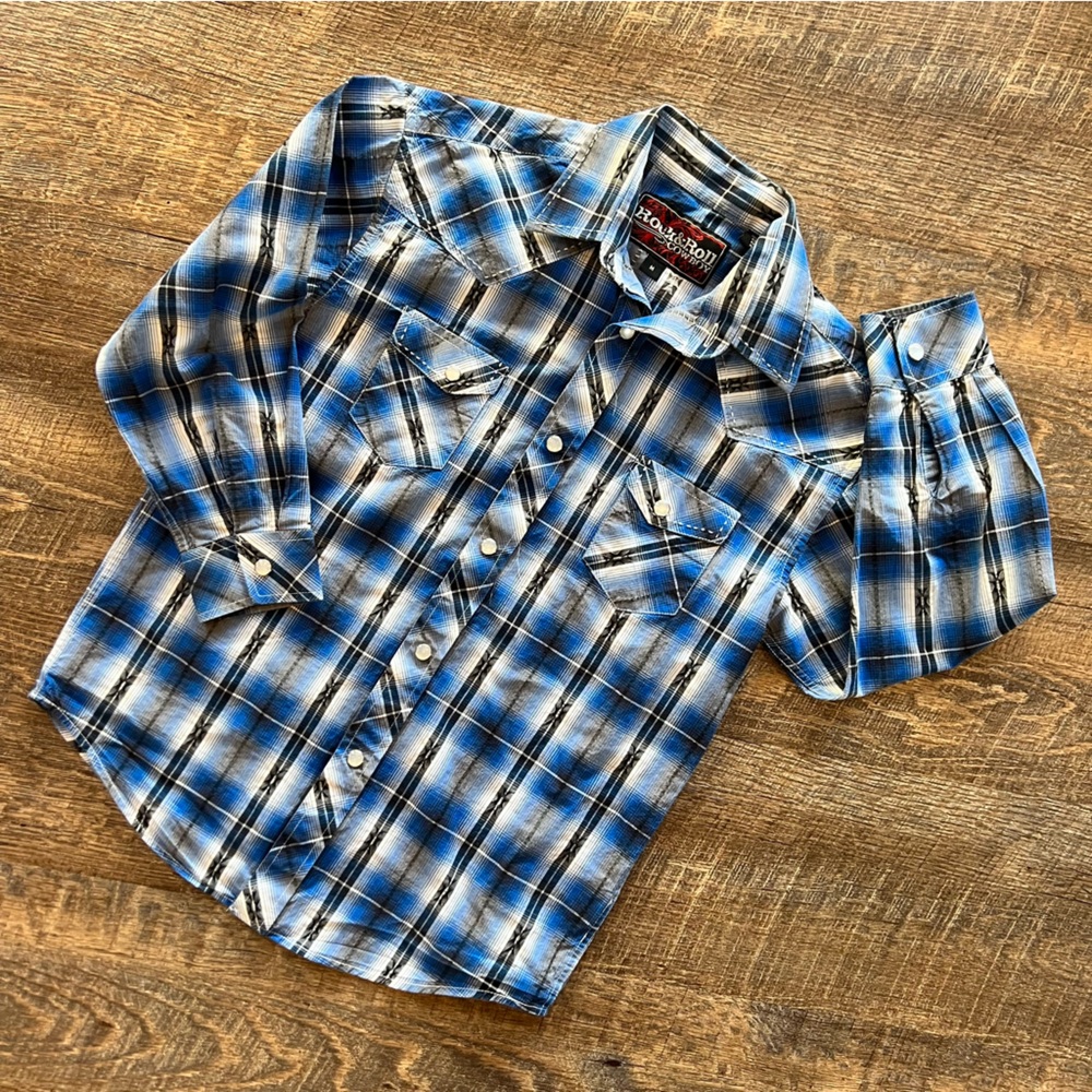 Rock & Roll Cowboy Blue Black White Plaid with Pearl Snap Buttons